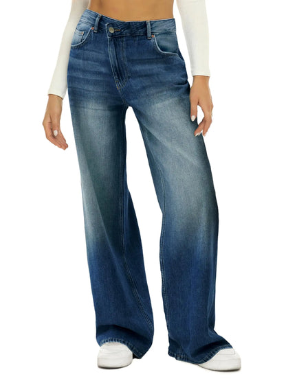 HDLTE Women Crossover Wide Leg Jeans – Stretch Baggy Jeans High Waisted Trendy Boyfriend Jeans Crisscross Y2K 90s Pants